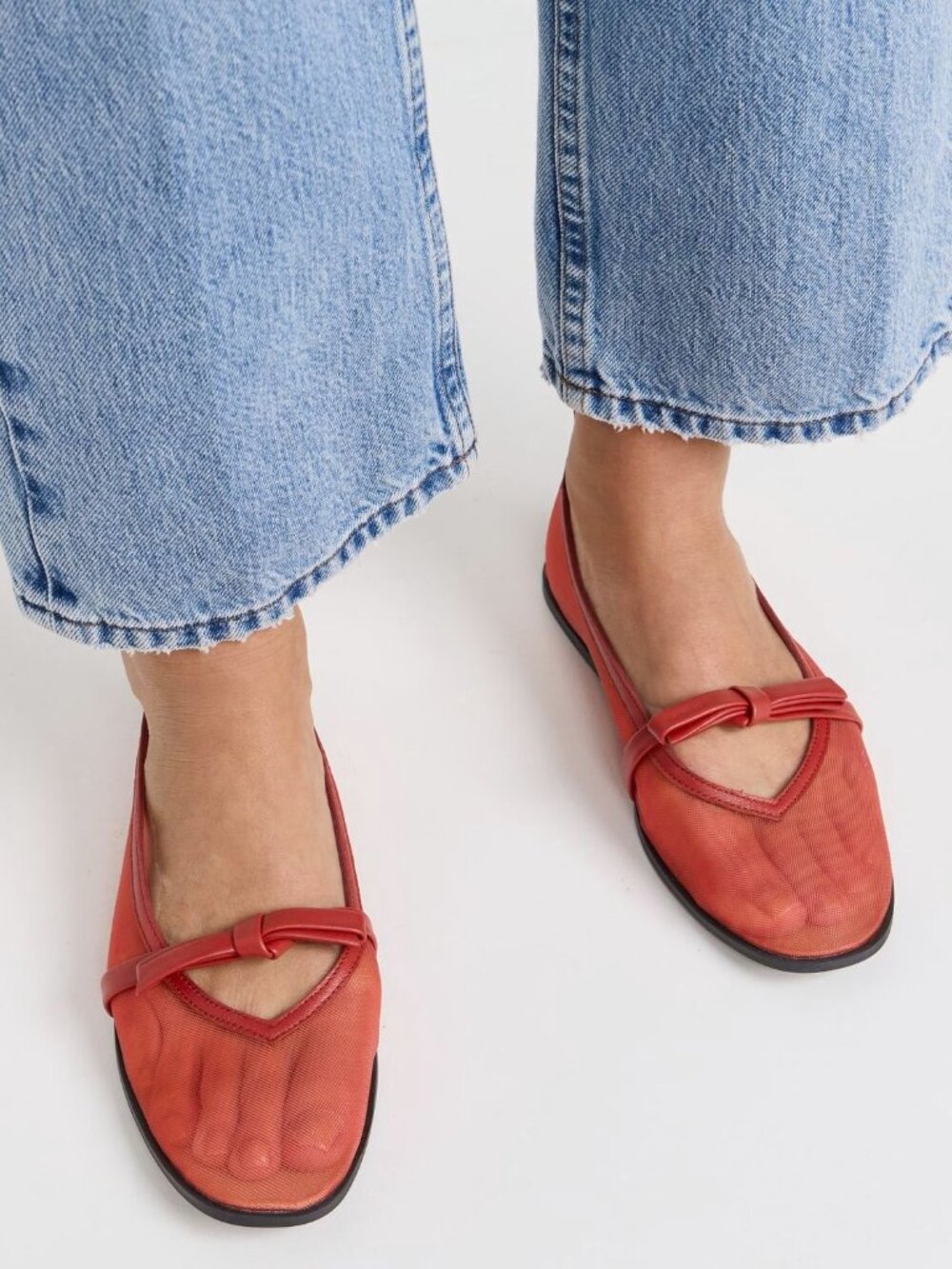 FREE PEOPLE Mania Mesh Bow Ballet Flats Slip on Size 11 Red Sheer NEW